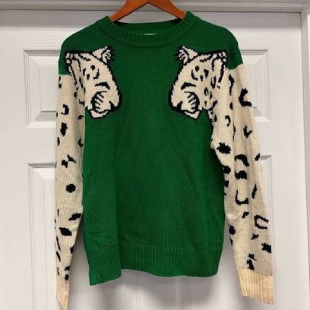 Amazon Angashion green sweater with leopard sleeves, size medium